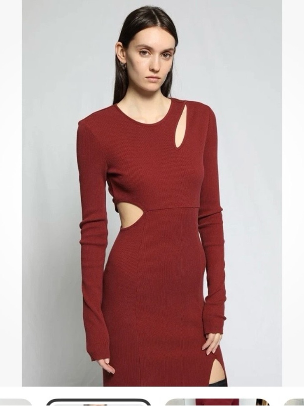 The Range Long-Sleeve Ribbed Dress, Side Slit, Rust color, XS